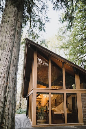 A modern wooden cabin with large windows, a staircase, and a view of the surrounding forest.
