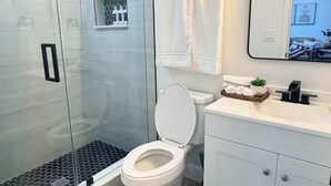 Un baño moderno con ducha envuelta en vidrio, inodoro, lavamanos con espejo y una pequeña planta en la encimera.