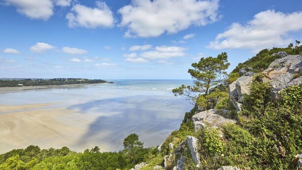 Un paisaje costero con playa, terreno rocoso y abundante vegetación.