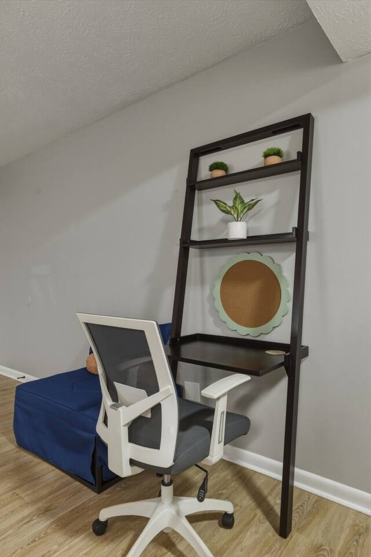 Une pièce comprenant un bureau, une chaise et une étagère fixée au mur, ornée de plantes.