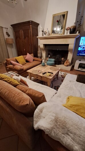 A living room with a fireplace, a sofa, a coffee table, and a television. - Provençal villa with a private pool, shaded garden terrace, quiet location, and parking (Arles)