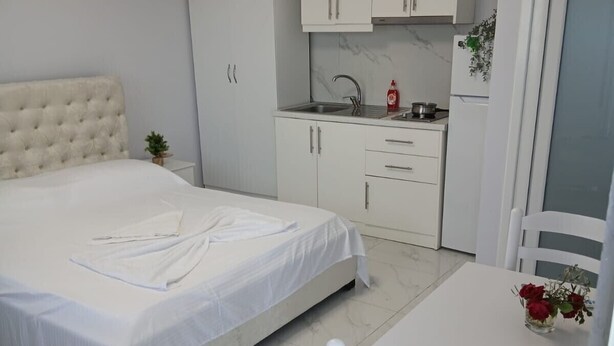 Une chambre à coucher comprenant un lit, une petite table avec un vase, une chaise et une kitchenette équipée de placards et d’un évier.