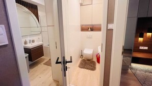 Moderni kylpyhuone, jossa on lasinen suihkuseinä, wc ja peilillä varustettu pesuallas.