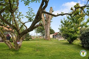 A tree with a swing, a grassy area, and a building in the background. - Gîtes de France® - Les 3 Marcassins (PREAUX)