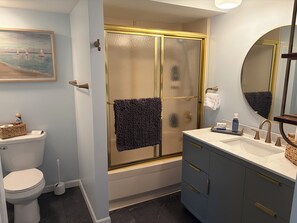 Hair dryer, towels, soap, toilet paper - Waterfront Curvy Midcentury Cabin on Paw Paw Lake - Memories Made Here!  (Watervliet)