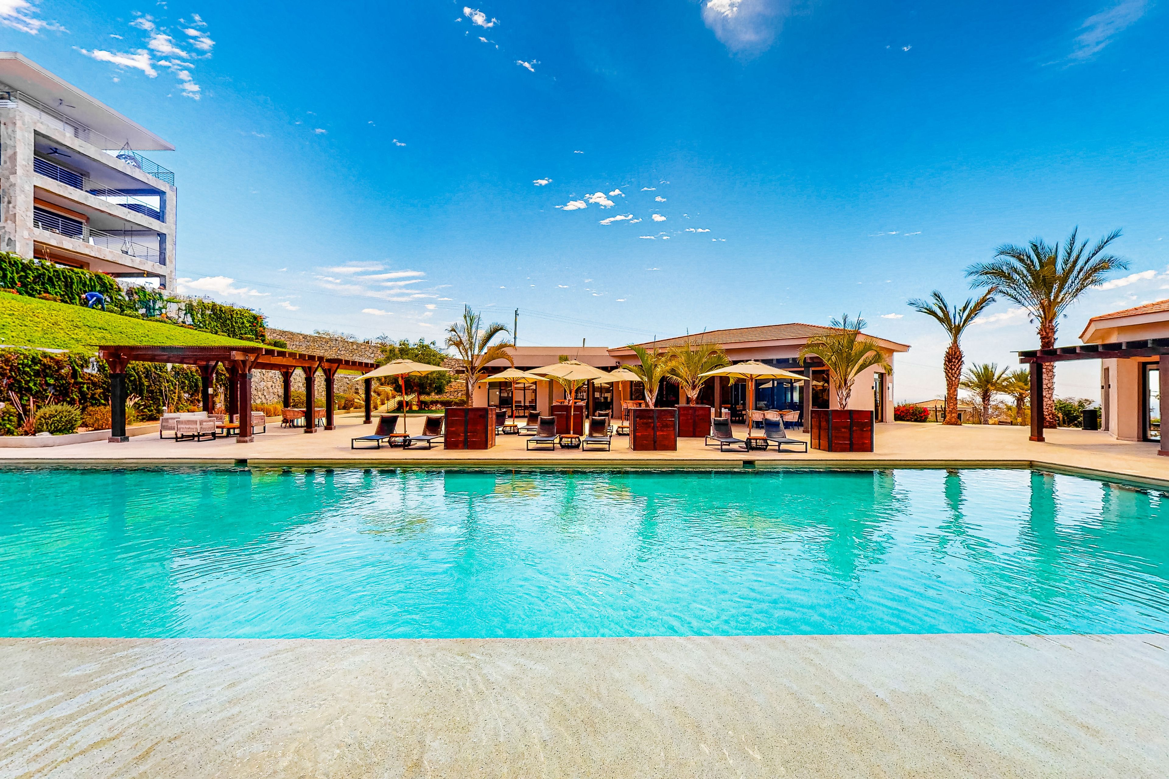 A swimming pool with lounge chairs and umbrellas, surrounded by buildings and palm trees.
