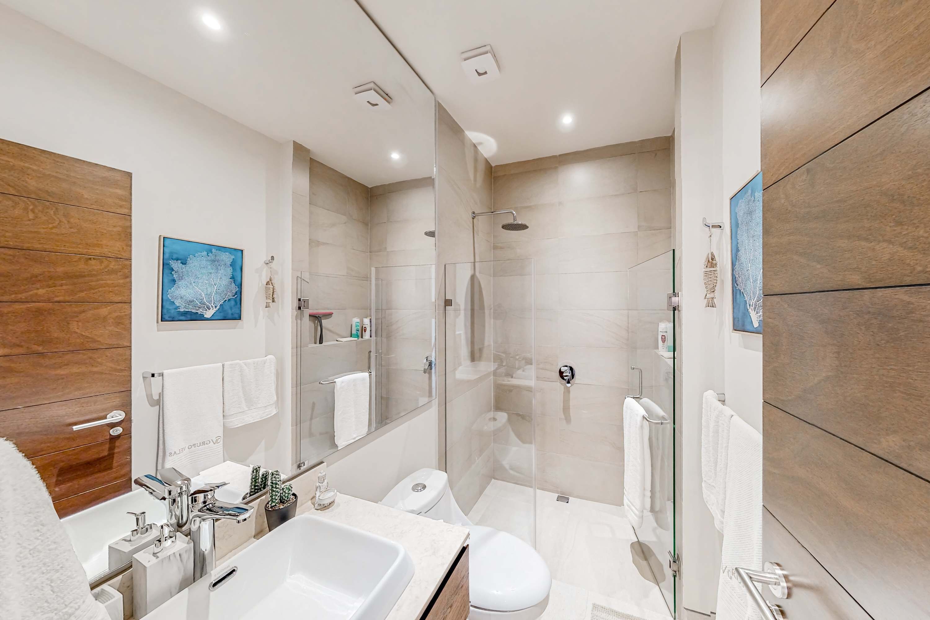 Une salle de bain moderne avec une douche à parois de verre, un lavabo blanc et un grand miroir.