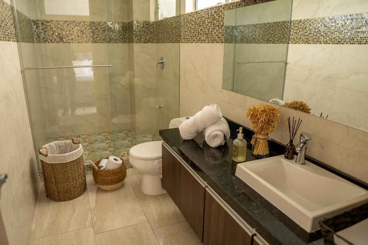 Hair dryer, towels, toilet paper