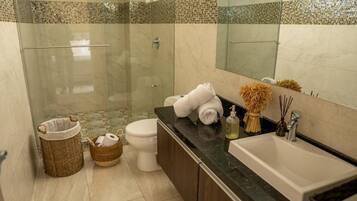 Hair dryer, towels, toilet paper