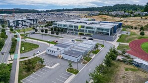 Um edifício moderno com estacionamento, pista de corrida e área verde.
