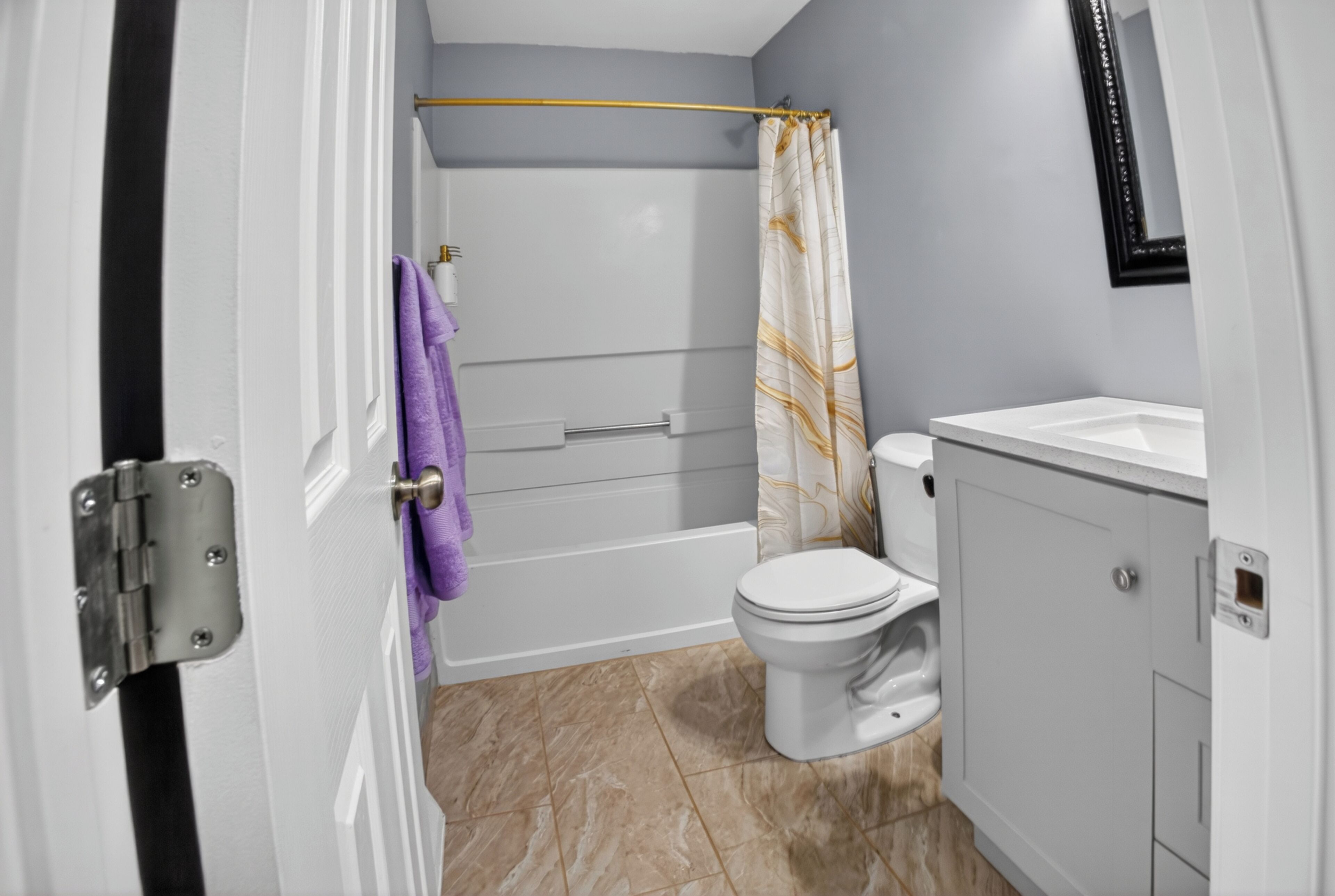 Hair dryer, towels, soap, toilet paper