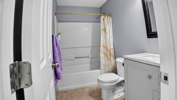 Hair dryer, towels, soap, toilet paper