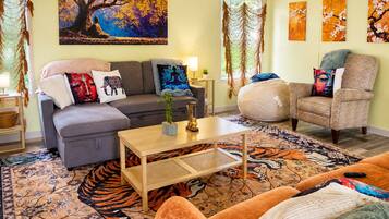 Smart TV, books, music library, stereo