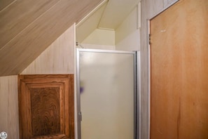 A room with a wooden door, a frosted glass door, and a wooden ceiling.