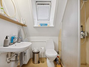 Une petite salle de bain comprenant un lavabo, des toilettes et une douche.