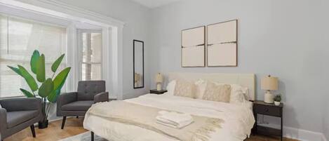 1 bedroom, desk, iron/ironing board, travel cot