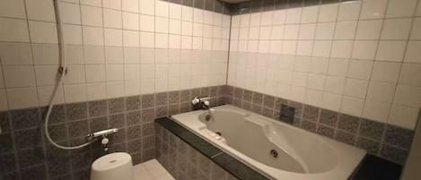 Une salle de bain avec une baignoire, une douche et des toilettes.