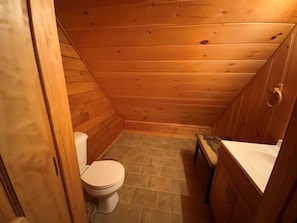 A small wooden bathroom with a toilet, a sink, and a shower area.