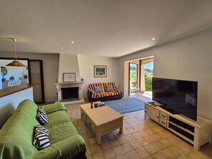A living room with a fireplace, a sofa, a television, and a view through the glass doors. - Nice house, A/C, WIFI, garden, close to the beach (ST MANDRIER SUR MER)