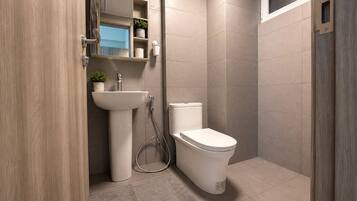 Douche, bidet, serviettes fournies, savon