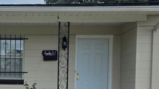 A house with a white door, a porch with steps, and two potted plants.