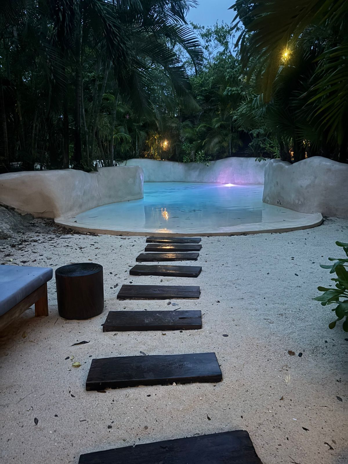 A pool area with a sandy path leading to the water, surrounded by greenery.