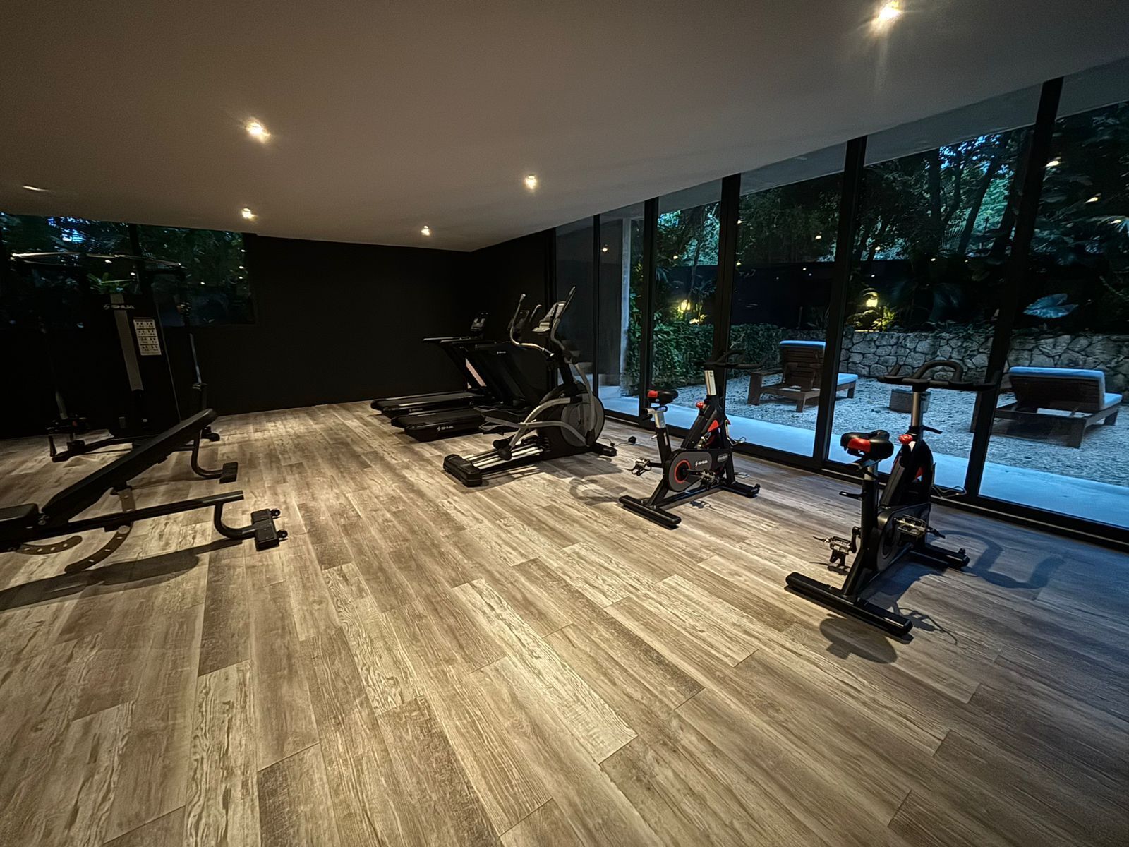 Et fitnessrum med træningsudstyr, store vinduer og udsigt til det fri.