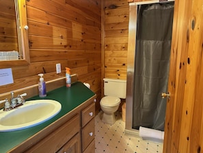 A wooden cabin bathroom with a sink, toilet, and shower.