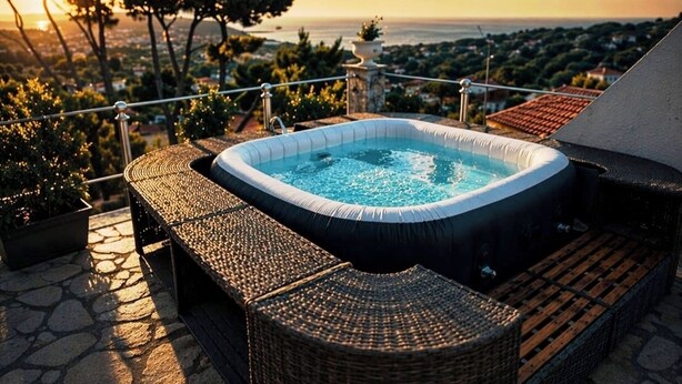 A hot tub on a stone deck with wicker furniture, overlooking a scenic landscape. - Boutique Hotel Golfo Azzurro (Capoliveri)