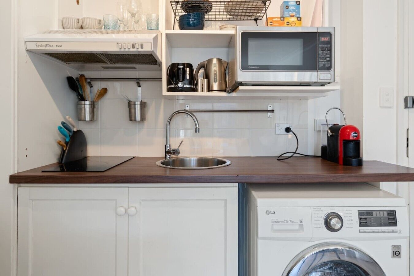 Fridge, microwave, stovetop, coffee/tea maker