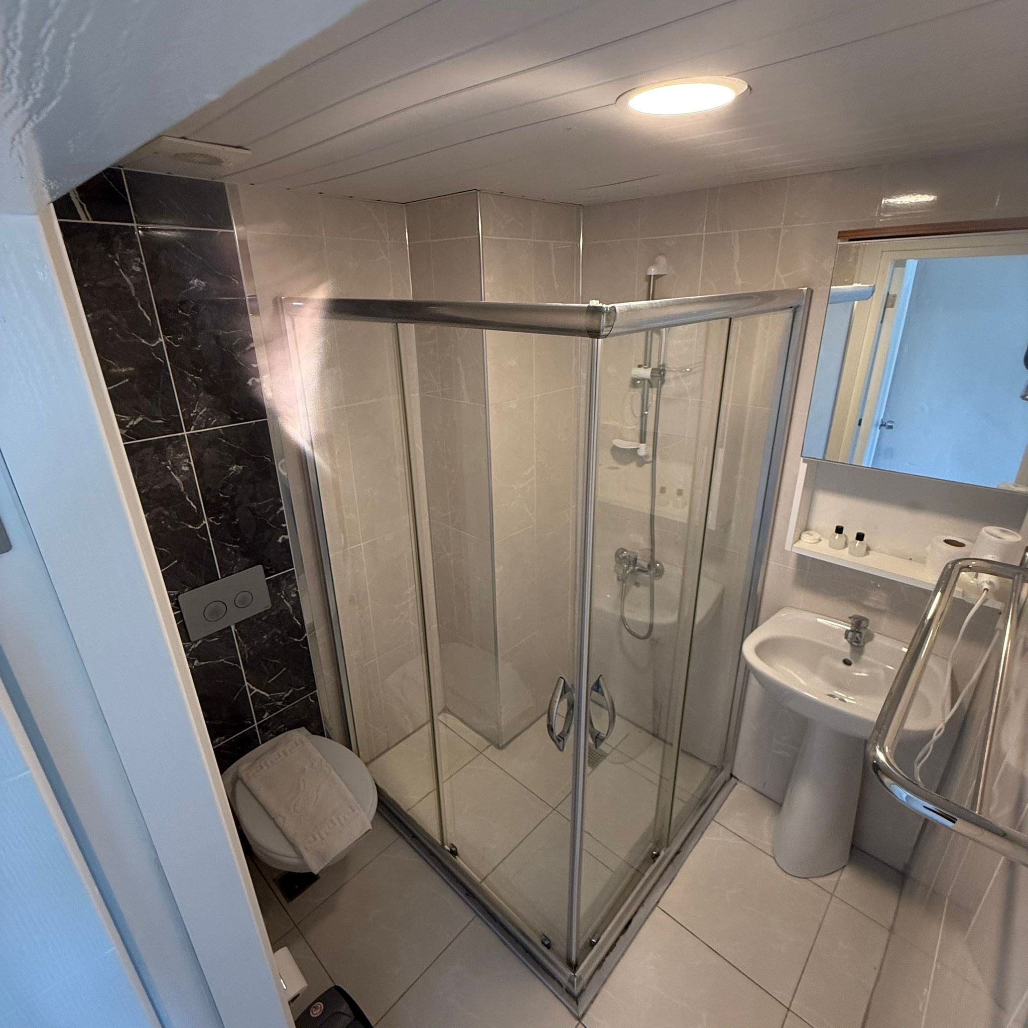 Hydromassage showerhead, free toiletries, hair dryer, towels