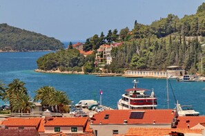 Eine Küstenstadt mit einem Yachthafen, Häusern mit roten Ziegeldächern und einem Boot, das an der Mole liegt.