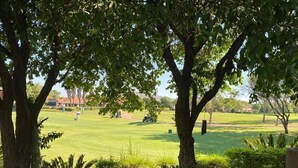 Un campo de golf con árboles y vegetación en primer plano.