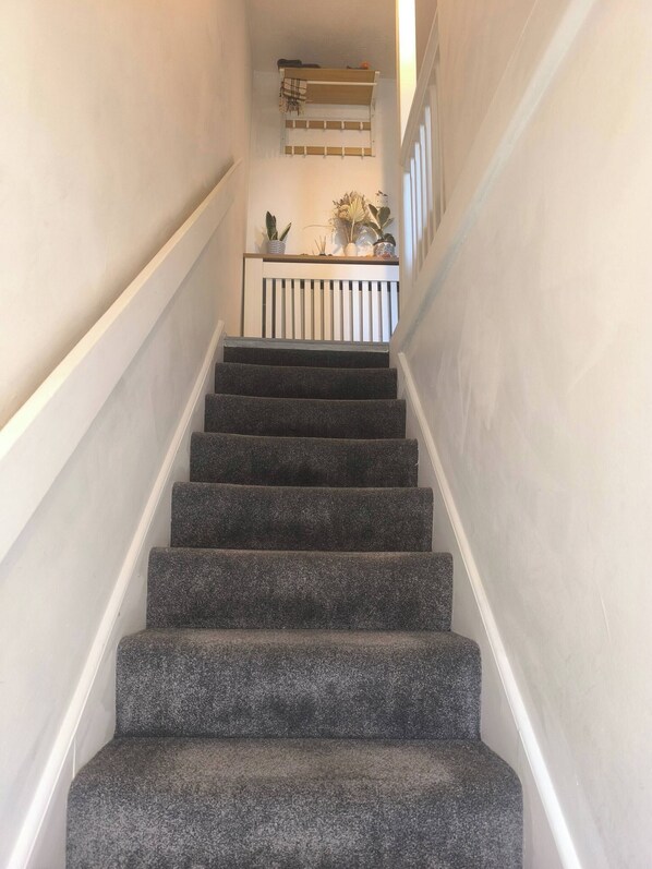 A staircase with carpeted steps leading to a landing with a white railing and potted plants. - Nice cozy bedroom in Bermondsey (Greater London)