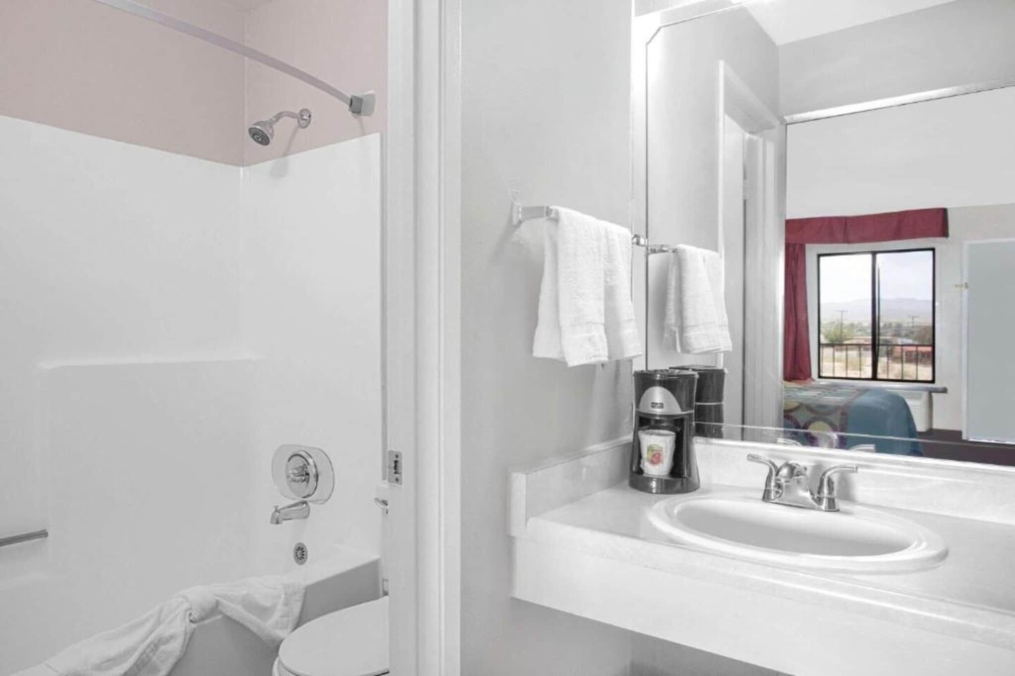 A bathroom with a shower, toilet, sink, and a large mirror.