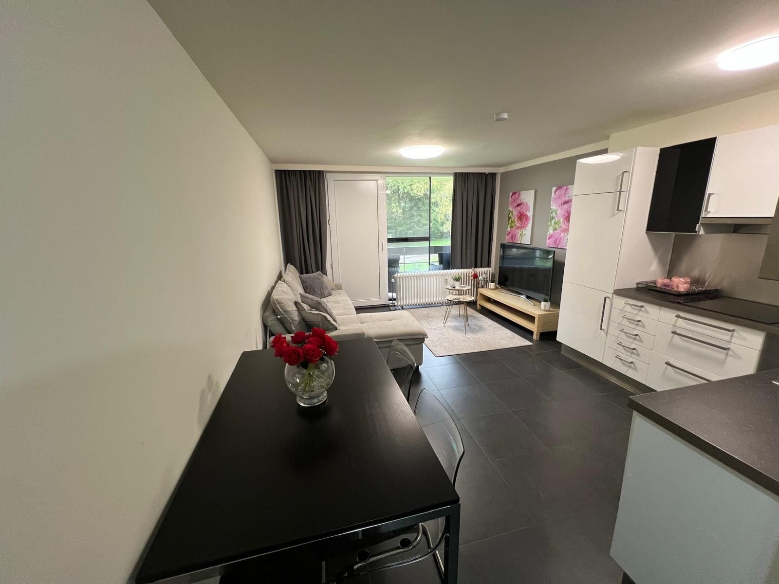 A modern kitchen with a dining area, a sofa, and a TV.