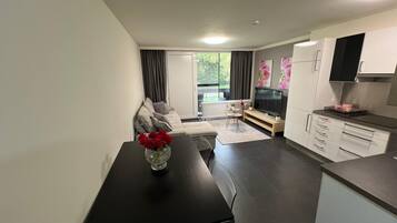A modern kitchen with a dining area, a sofa, and a TV.