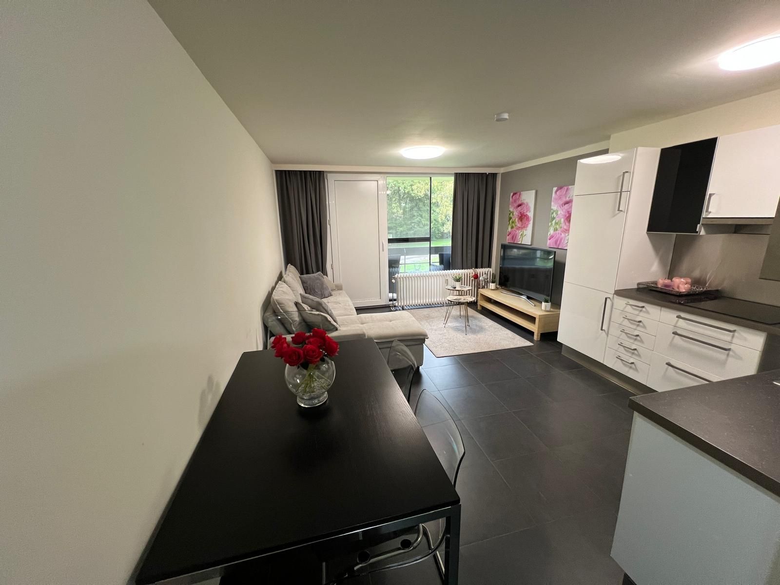 A modern kitchen with a dining area, a sofa, and a TV.