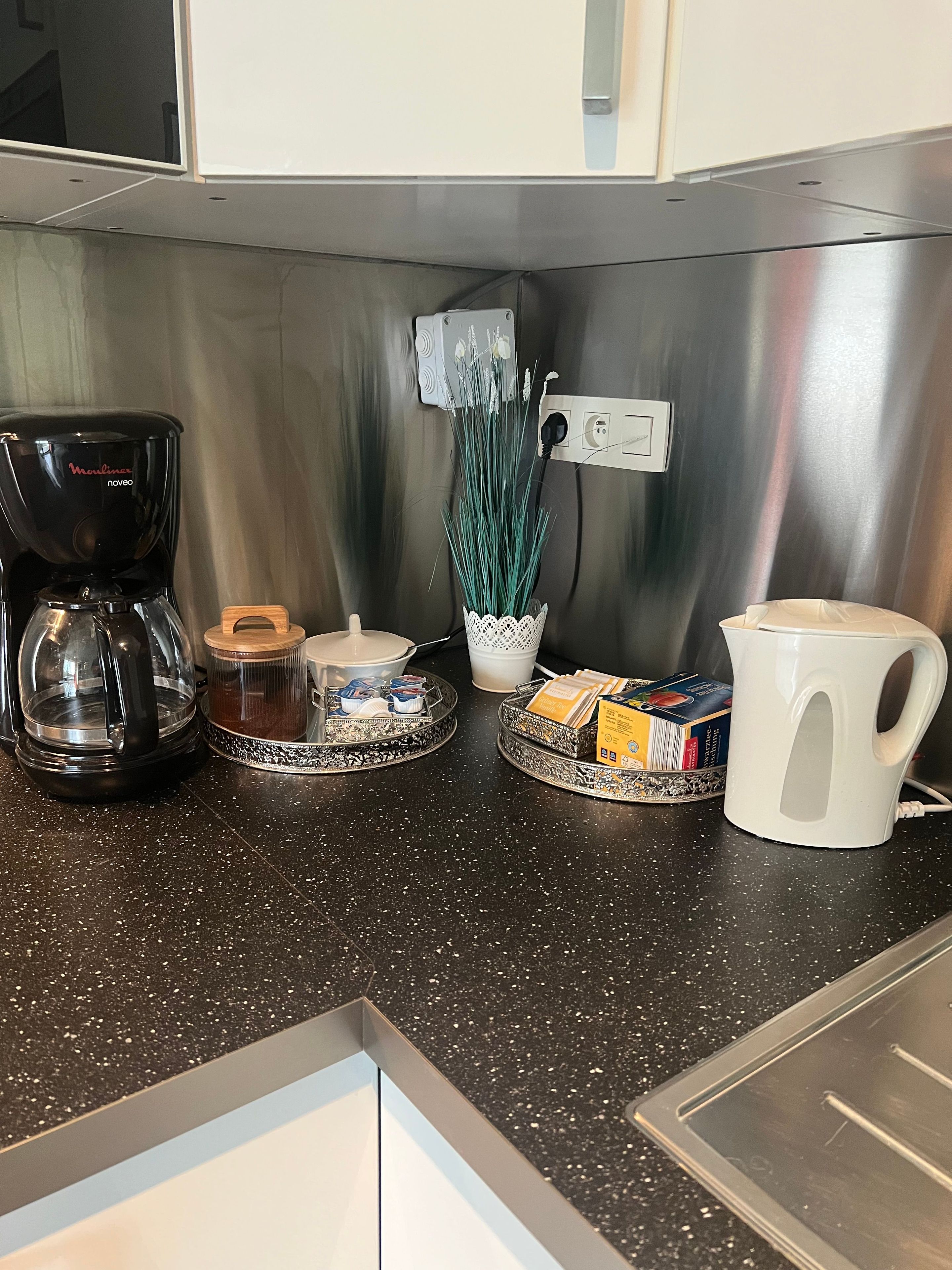 En køkkenbordplade med en kaffemaskine, en pynteplante og en kop.