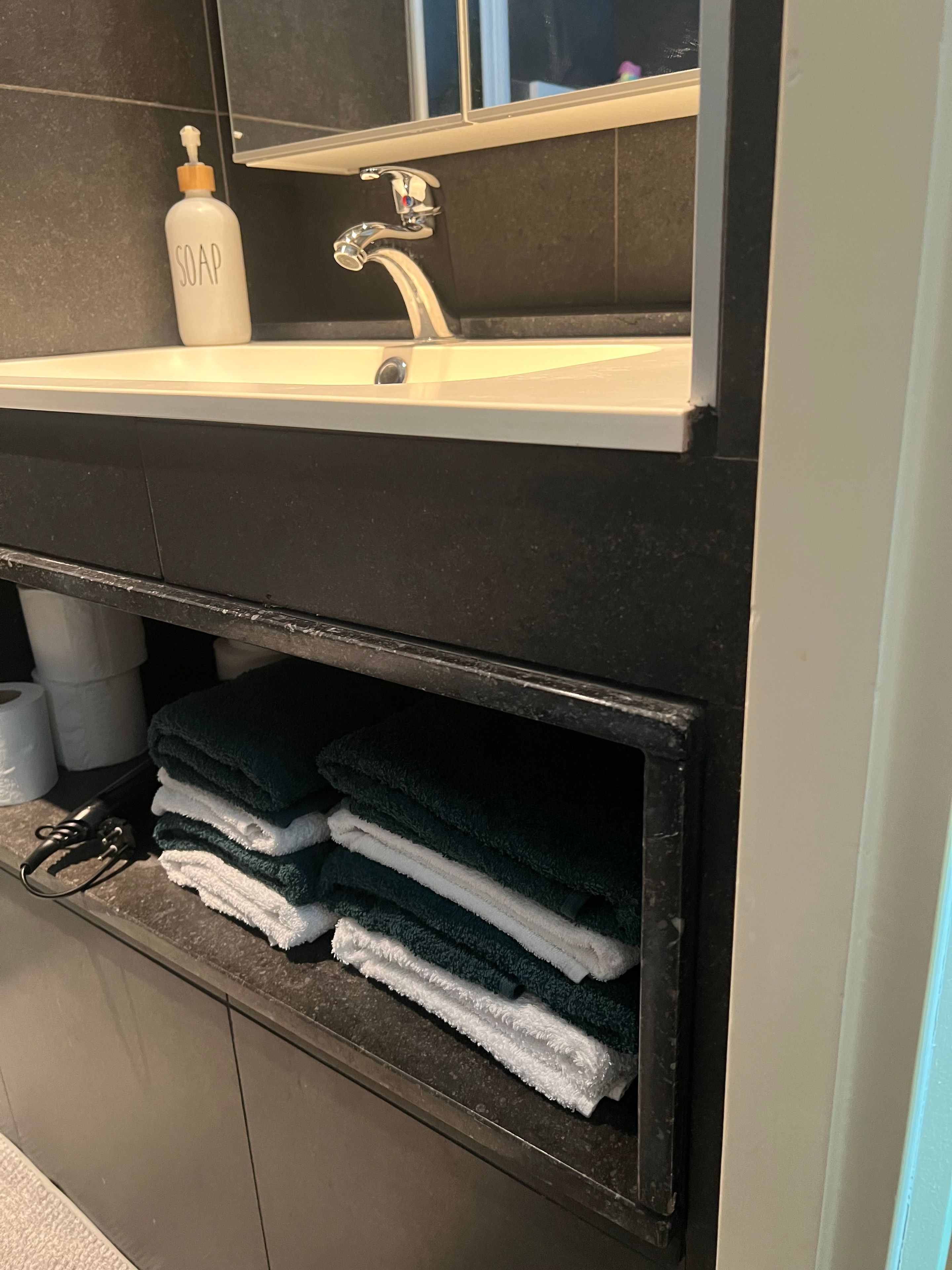 Une salle de bain équipée d’un lavabo, d’un distributeur de savon et d’un porte-serviettes.