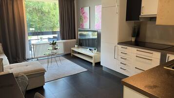 Huoneisto, 1 makuuhuone, patio | Olohuone | Kirjoja