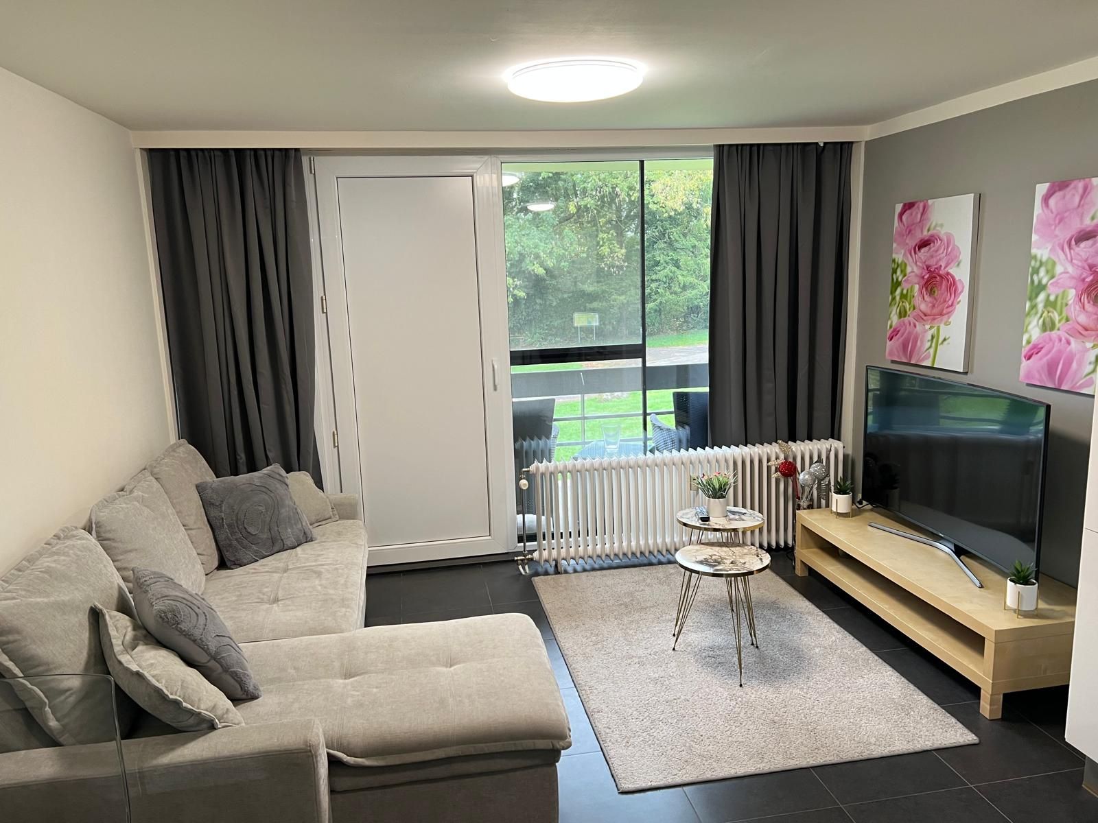 A modern living room with a sofa, a TV, a radiator, and a view of the outdoors.