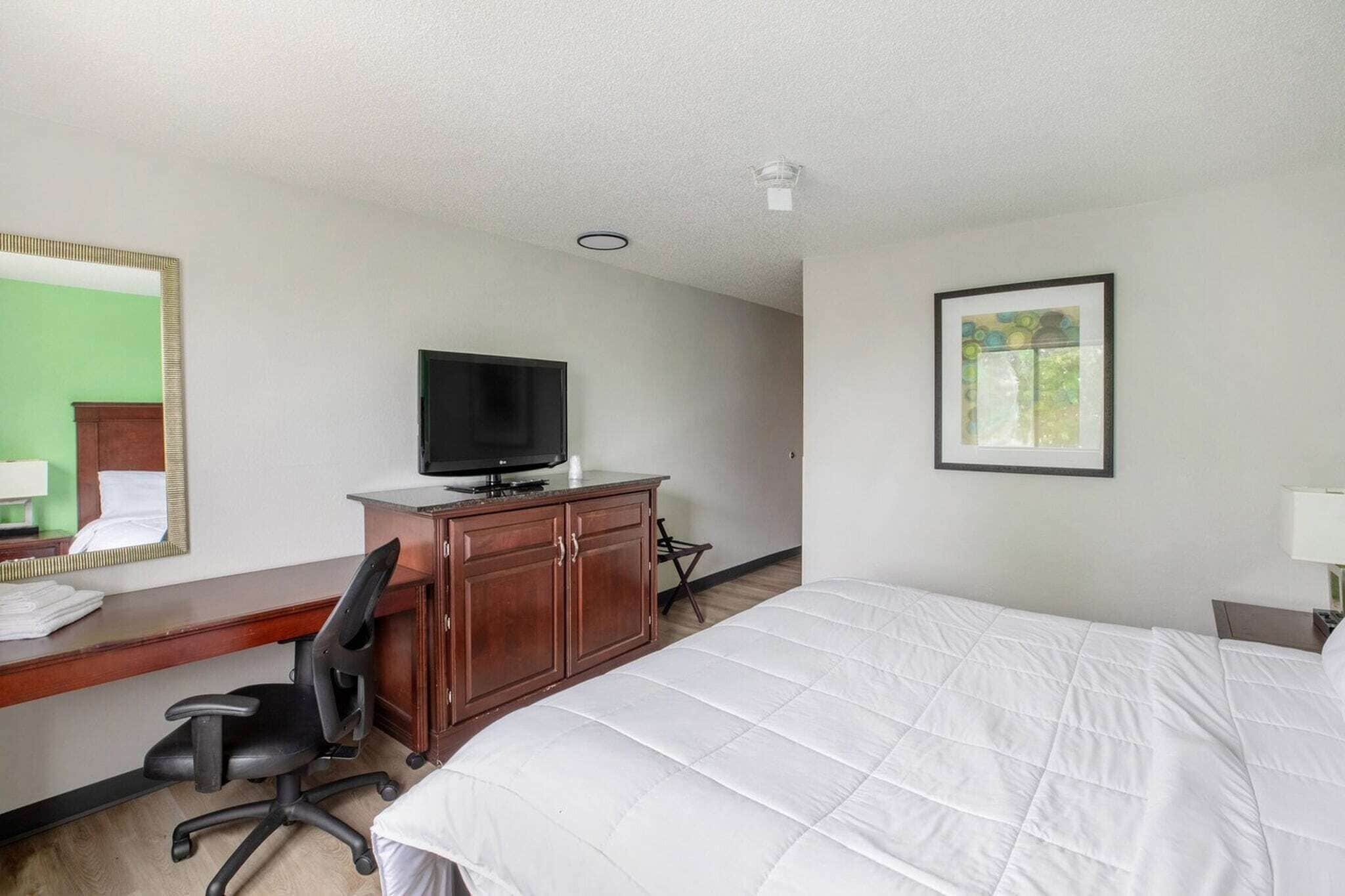 A hotel room with a bed, a desk with a chair, a television, a framed picture on the wall, and a mirror.