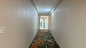 Un pasillo estrecho con alfombra estampada, una lámpara en el techo y una puerta al final.
