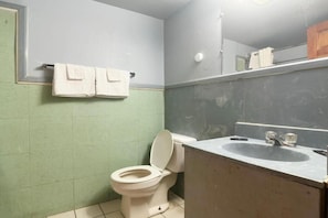 Une salle de bain avec des toilettes, un lavabo et un miroir.