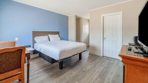 Una habitación de hotel con cama, escritorio, silla, televisión y puerta.