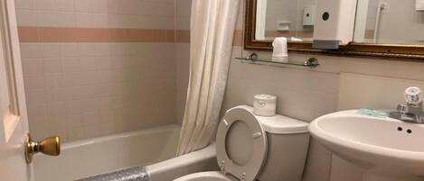Ein Badezimmer mit Toilette, Waschbecken und Dusche.
