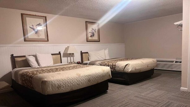 Ein Hotelzimmer mit zwei Betten, einem Nachttisch, einer Lampe und gerahmten Kunstwerken an der Wand.