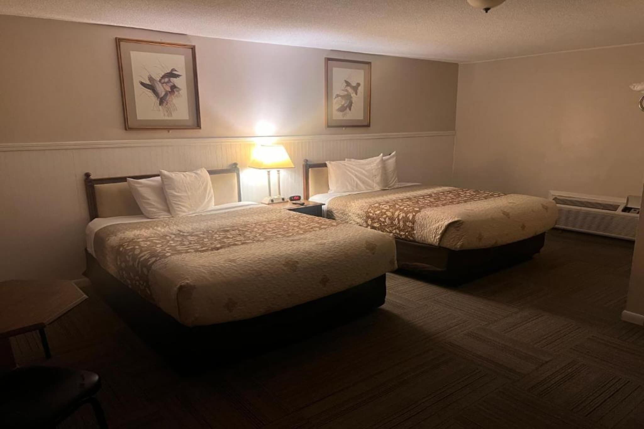 Una camera d'albergo con due letti, un comodino con una lampada e quadri appesi al muro.