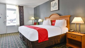 A hotel room with a bed, bedside lamps, a nightstand, and a window with curtains.